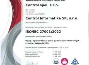 Certifikát ISO 27001 verze SK-1