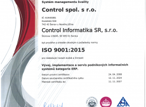 Certifikát ISO 9001 verze CZ-1