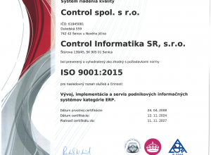 Certifikát ISO 9001 verze SK-1